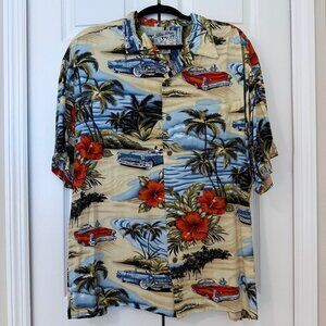 Big Dogs Men's L Hawaiian Shirt - Cadillac Car Hot Rod Tropical Floral Palm Tree